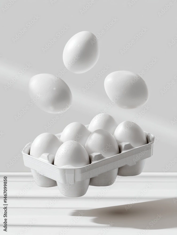 Poster floating 3d egg carton mockup showcasing eight eggs with realistic shadows and highlights in a minim