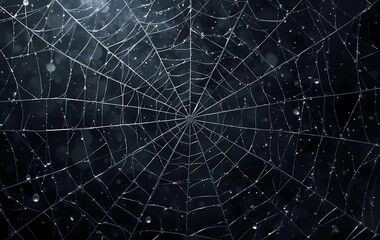 Obraz premium Delicate spider web adorned with dew drops captured in a dark, misty environment