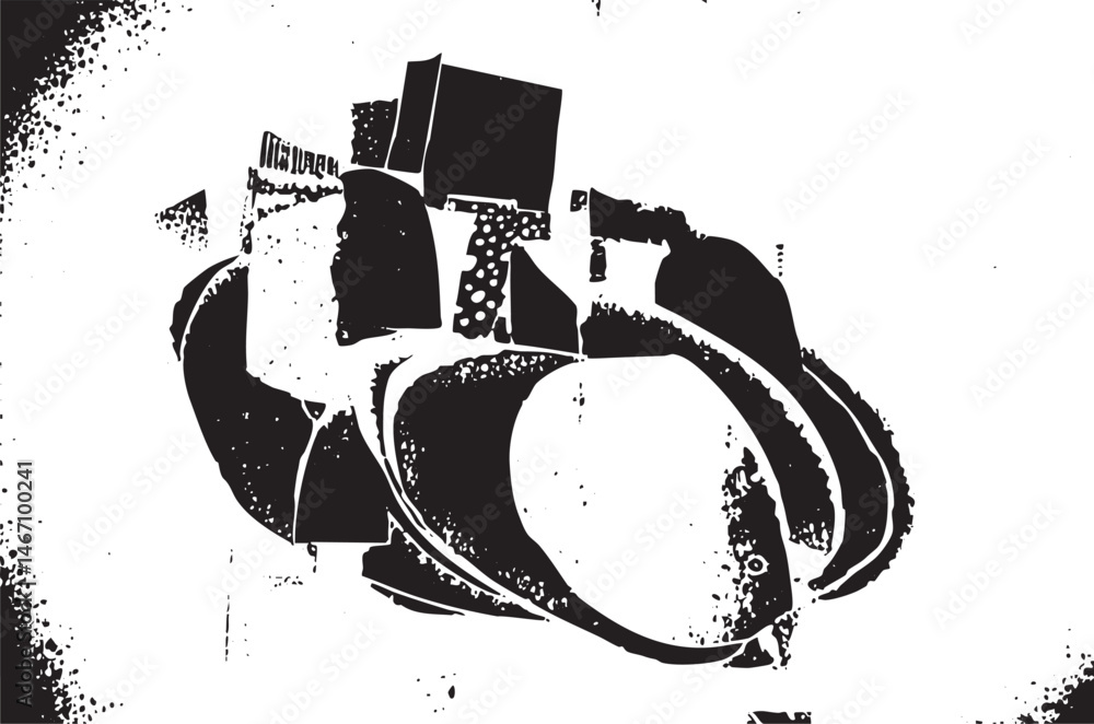 Aufkleber a monochrome arrangement of abstract shapes and forms rests on a textured surface.