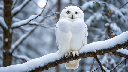 Fototapeta premium Frosty Vigil: A Snowy Owl Perched on a Snow-Covered Branch in Winter