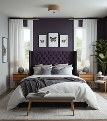Modern Bedroom Interior with Dark Gray Tufted Headboard, White Bedding, Wooden Nightstand, Deep Purple Accent Wall, and Soft Diffused Lighting – Generative AI

