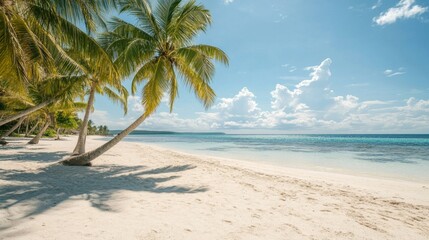 Obraz premium Idyllic Tropical Beach Scene with Palm Trees Swaying Gently in the Breeze