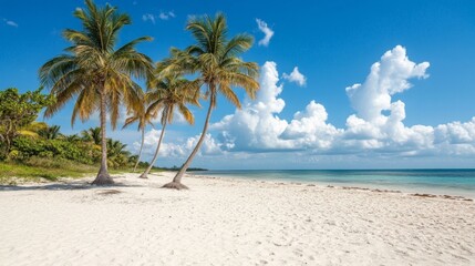 Obraz premium Idyllic Tropical Beach Scene Palm Trees Swaying on White Sand Under a Blue Sky