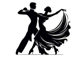 Elegant ballroom dancing couple silhouette in motion. Clipart image isolated on background.