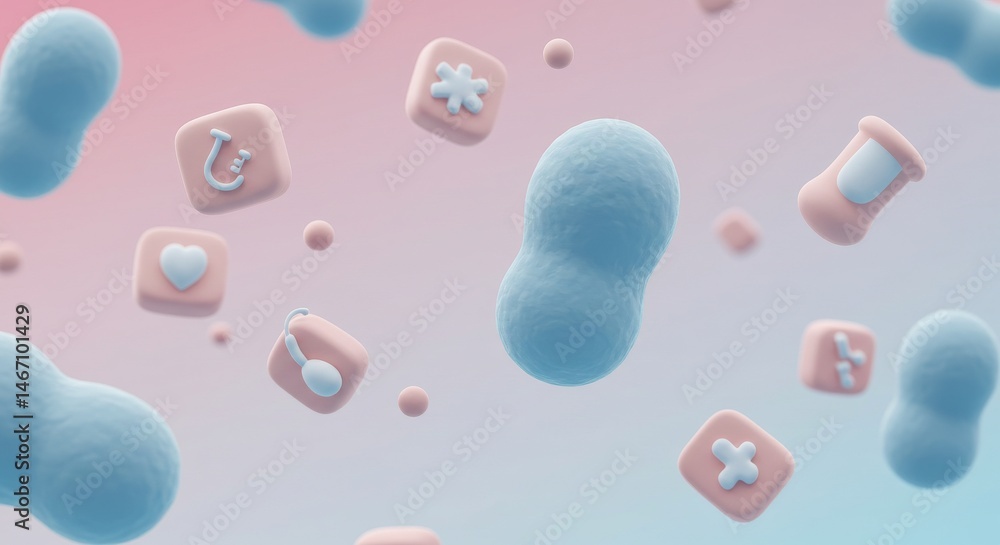 Poster abstract pastel 3d render: floating shapes and glyphs in a dreamlike setting