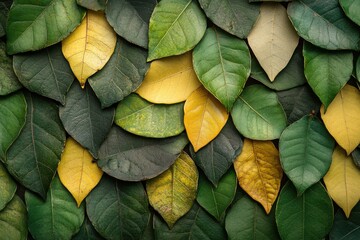 Vibrant green and yellow leaves layered on a textured background in early autumn