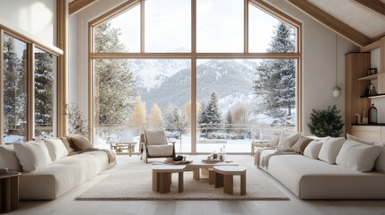 Modern Minimalist Living Room with Stunning Mountain View Cozy Winter Scene