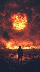 Fototapeta premium Post-apocalyptic landscape; lone soldier; fiery sky.