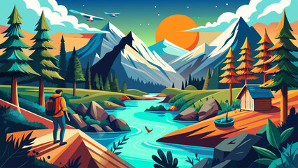 
This vector concept captures the essence of adventure, natural beauty, and tranquility &mdash; perfect for outdoor brands, travel graphics, or eco-tourism illustrations that celebrate nature&rsquo;s grandeur.