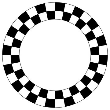 recommend clip art: Abstract checkered circle frame vector illustration. Vintage black and white alternating square tiles circular border. Checkerboard round race flag.