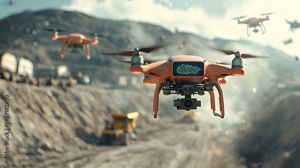 Poster a swarm of drones equipped with sensors and mapping technologies autonomously surveying a remote min