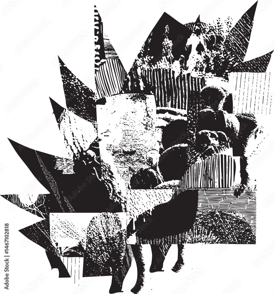 Poster a fragmented black and white composition featuring angular shapes and abstract figures.