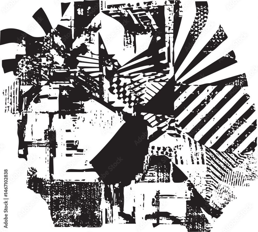 Poster a dynamic fragmented black and white abstract composition showcases a central figure with radiating 