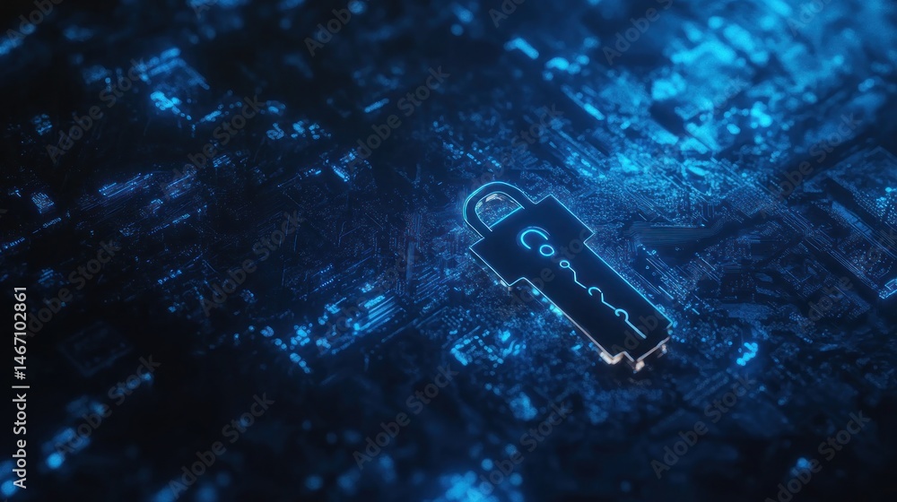 Poster digital key glowing on a circuit board, representing cybersecurity and data protection.