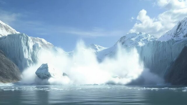 Huge ice blocks are falling from a glacier into the sea, creating a splash and a cloud of snow and ice particles, with snowy mountains in the background and a clear blue sky