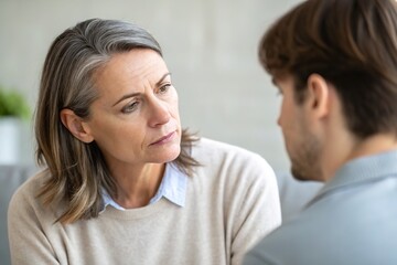 A concerned woman listens intently to a man during a supportive and intimate conversation.
