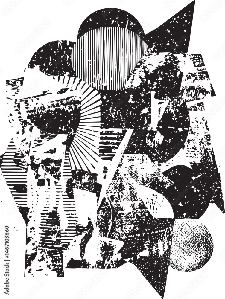 Poster a fragmented black and white abstract composition features overlapping geometric shapes and textured