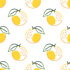 Seamless pattern with hand drawn oranges and green leaves on white background. Cute fruit vector illustration. Citrus and summer concept for design and wallpaper