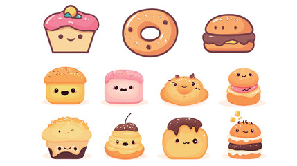 Cute-Style Illustrations of Baked Goods Including Cakes, Cookies, and Pastries – Sweet and Playful Vector Design