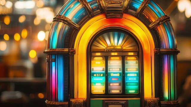 The vintage jukebox shines brightly in a diner, attracting attention with its vibrant colors and inviting ambiance for patrons and music enthusiasts