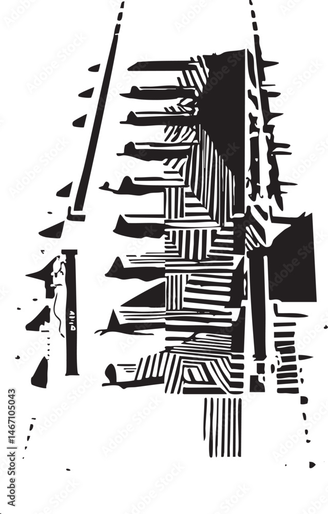 Poster a black and white abstract composition features layered geometric shapes arranged in a dynamic linea