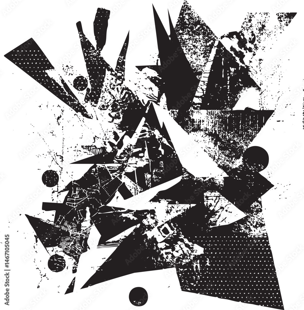 Poster fragmented geometric shapes explode outwards in a dynamic black and white composition.