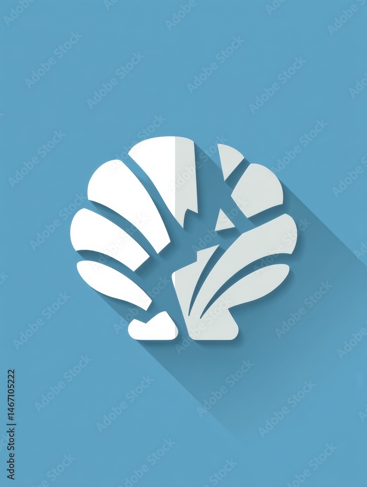 Poster broken shell icon with central logo space casting a subtle shadow on a blue background, ideal for cr