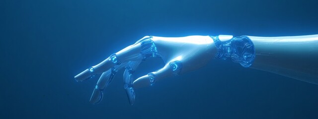 White robotic hand reaching toward human finger on minimal blue background representing artificial intelligence futuristic interface digital connection and technological interaction design,
