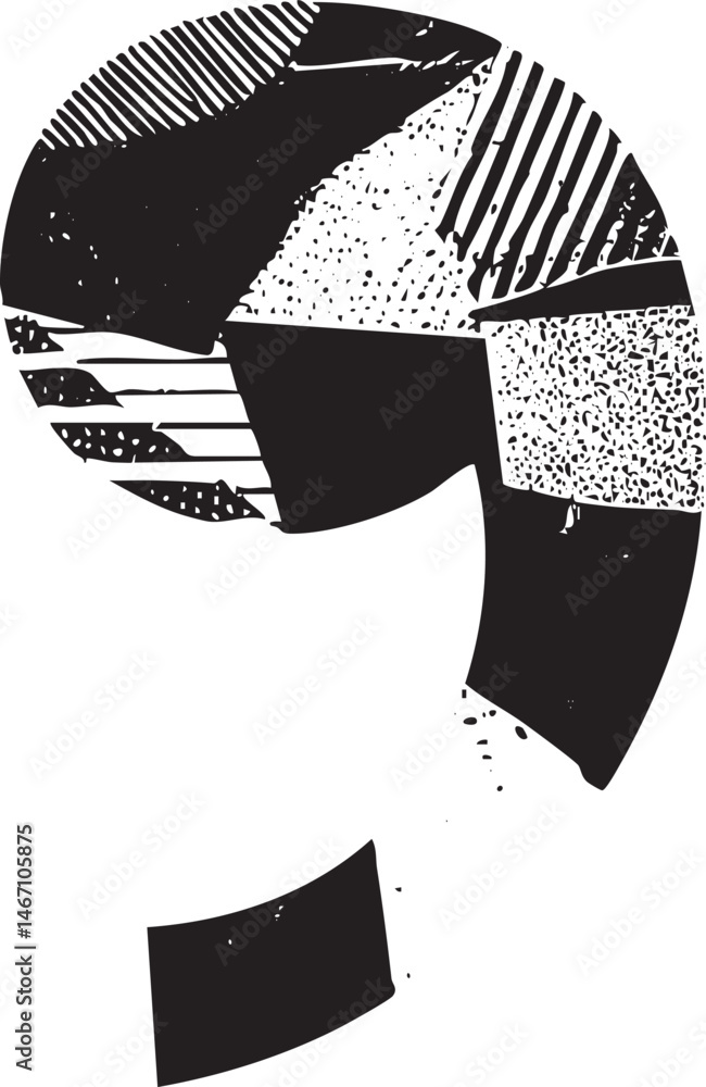 Poster a monochromatic geometric shape dominates the featuring layered lines and a textured surface.
