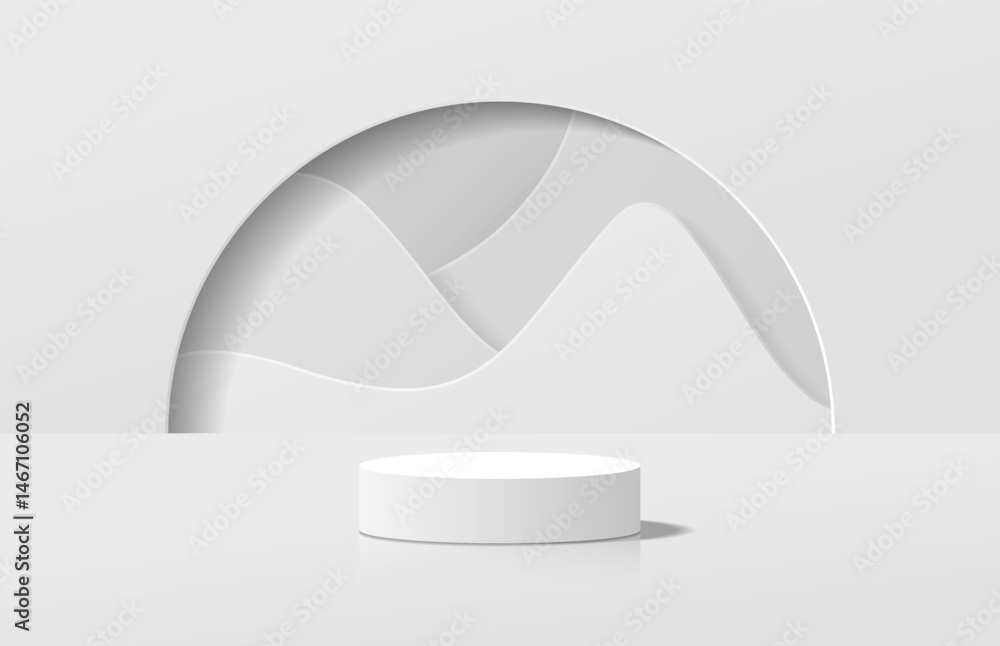 Poster abstract realistic white 3d cylinder podium pedestal with half circle gate and curve shape overlap i