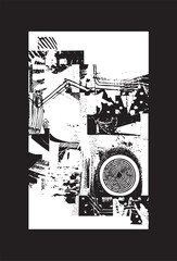 Fototapeta premium A monochrome abstract showcases a complex network of interconnected lines and circular forms.