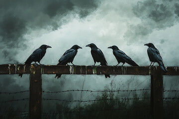 A group of six crows perched on a rustic fence against a dramatic stormy sky backdrop