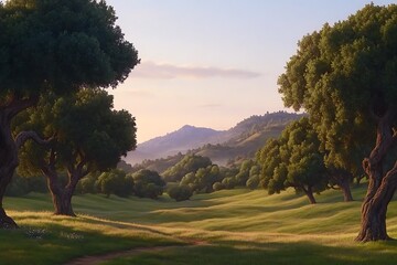Serene Sunset Landscape Rolling Green Hills and Majestic Oak Trees