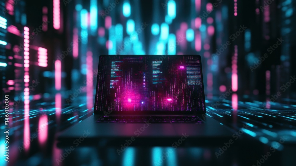 Poster laptop displaying futuristic code on screen in a neon-lit digital environment.