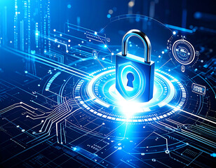 Digital Security Lock: A glowing padlock symbolizes data protection amid intricate digital circuit patterns, radiating trust and advanced cyber defense.