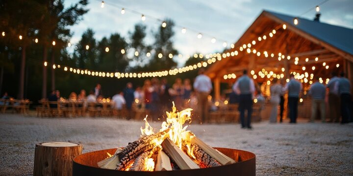 Wedding Reception guests lights. A cozy outdoor gathering with a bonfire, string lights, and people socializing near a rustic wooden pavilion at dusk.