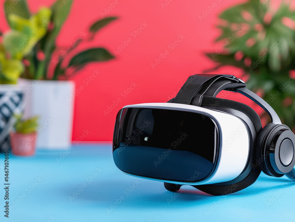 Poster modern virtual reality device headset designed for immersive gaming and virtual experiences with cop
