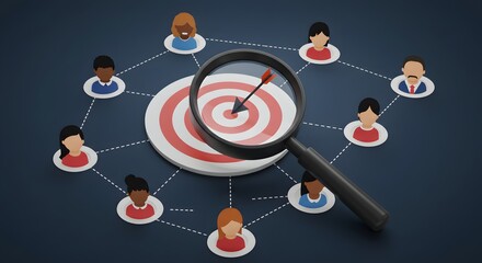 Target Audience Analysis Concept with Magnifying Glass and People, Marketing Research, Focus Group