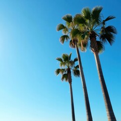 Fototapeta premium Tall palm trees against a clear blue sky over Santa Monica beach, ocean, santa monica, blue