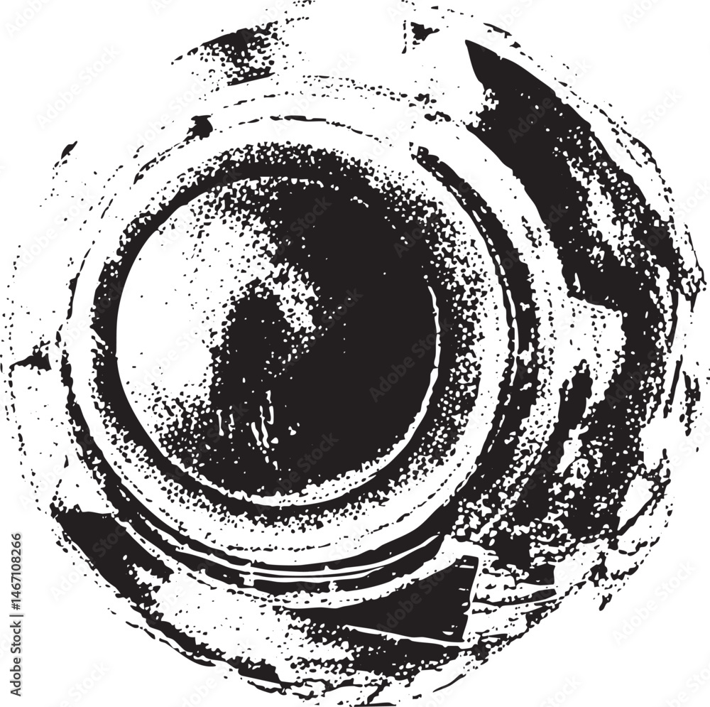 Poster a circular black smudge spreads across a white background creating an abstract impression.