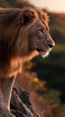Naklejka premium Majestic lion atop a rock formation at golden hour