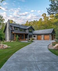 Obraz premium concrete driveway to custom home in rural area