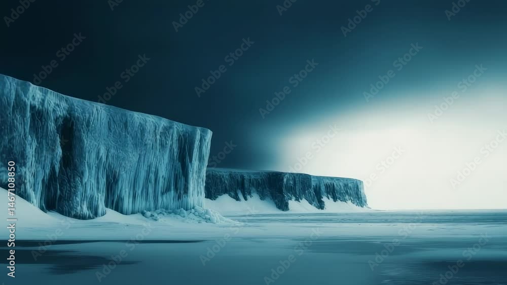 Poster Imposing ice cliffs rise from a frozen landscape, creating a dramatic and desolate scene under a moody sky, showcasing the raw beauty and power of nature in extreme environments