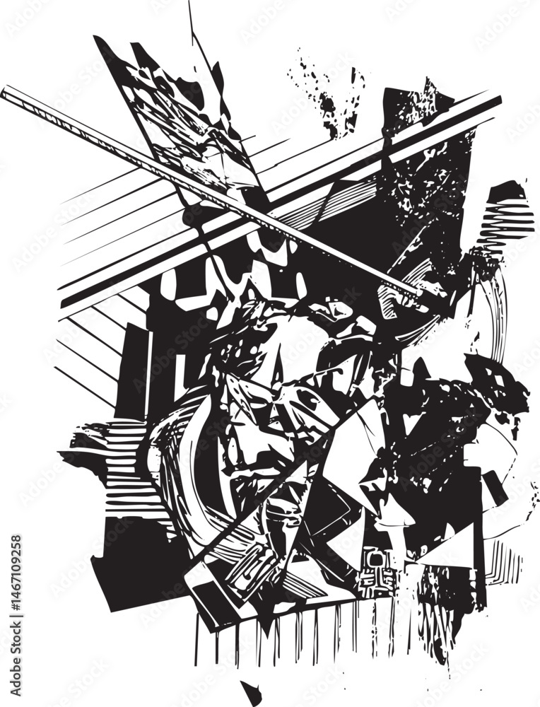 Poster a dynamic fragmented figure dominates a chaotic architectural scene rendered in stark black and whit