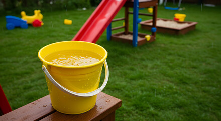 Yellow Bucket Filled With Rainwater In A Backyard After A Downpour