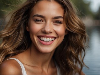 Fototapeta premium A captivating photograph capturing the genuine joy of a girl with a perfect smile and white teeth