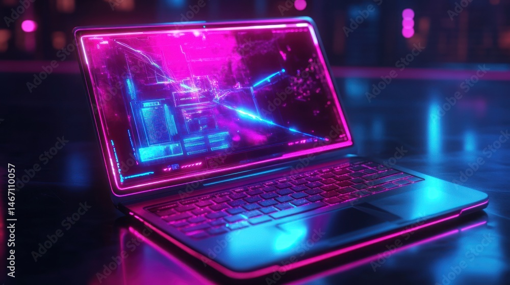 Poster futuristic laptop with vibrant neon glow displaying data streams on its screen.