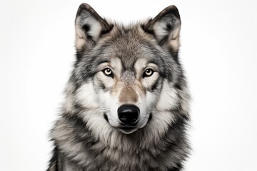 Obraz premium Majestic Grey Wolf Portrait Intense Gaze Wild Beauty Stunning Detail White Background