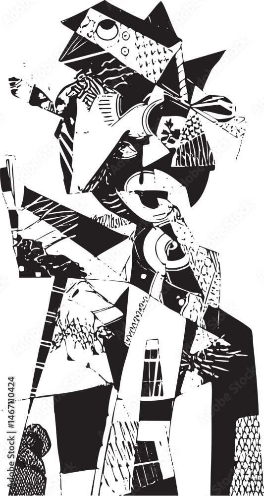 Poster a stylized figure composed of angular black and white shapes forms a masked portrait.