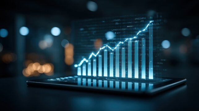 Growing blue graph on device, dark, blurry background, digital